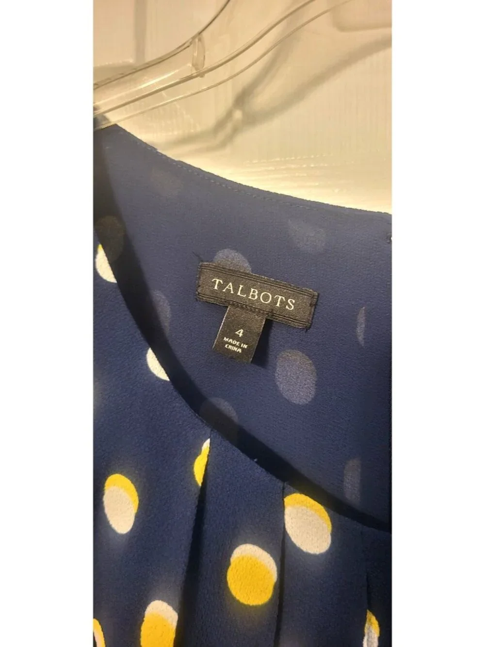Womens Talbots Navy Blue Yellow/White Polka Dot Midi Dress 4 Pleats Chiffon Zip